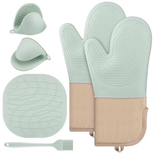 Ofenhandschuhe Topfhandschuhe Anti-Topfhandschuhe Hitzebestaendig 6er Set Topflappen Ofenhandschuhe Baumwolle Silikon Hitzebest Geeignet Küchenhandschuhe für Kochen Backen Grillen(Mintgrün)