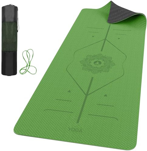 ROMIX Pro Yoga Matte Mit Körper Ausrichtungslinien, Yogamatte Rutschfest 6 mm Sportmatte Fitnessmatte für Erwachsene, Leicht Gymnastikmatte Mit Tragetasche und Gurt, Ideal für Pilates und Fitness