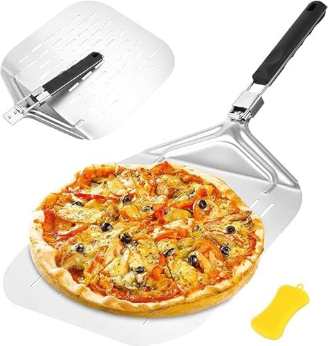 Pala para Pizza Horno, Profesional perforada de Metal de Aluminio, Soporte de Superficie Grande, con asa Plegable para Barbacoa Cocinar Pan, mas Estable, Fácil de Almacenar