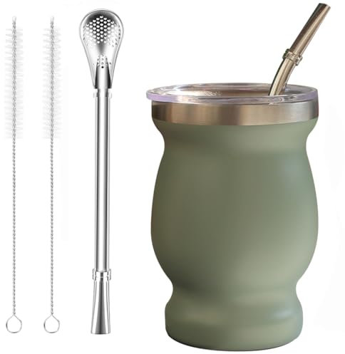 Yerba Mate Tee Set (Mate Becher), Edelstahl-Teetassen-Set mit einem multifunktionalen Deckel, zwei Trinkhalmen und Reinigungsbürsten, Wärmeisolierung, Verbrühungsschutz (Grün)