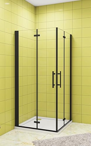 Aica Sanitär Duschkabine Eckeinstieg Falttür Duschabtrennung Nano Glas,H195cm,Schwarz,90x70cm