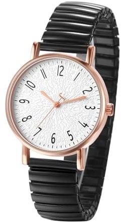 JewelryWe Uhren Damen Elastisch Edelstahl: Einfache Analog Quarz Armbanduhr Frauen Schwarz Edelstahl Stretch Armband Uhr mit leicht ablesbar arabischen Zahlen Zifferblatt