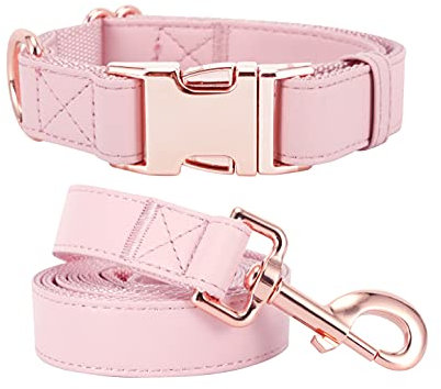 Dog Collar and Leash Set.Soft and Easy to Clean Vegan Leather with Rose Gold Metal Buckle for Small Medium Large Dogs(L(15.4-24.8), Pink)