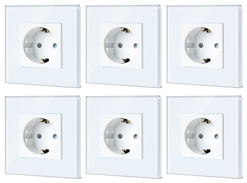 TAWOIA Schuko Steckdose, EU-Standard 1 Fach Glas Unterputz Steckdose 16Amp 250 V, Wandsteckdose mit Kristallglasplatte Weiß 86×86mm 6er-Pack
