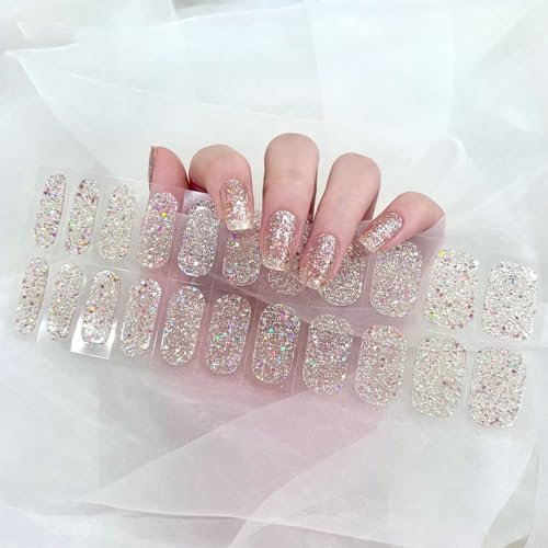 Ceboic 22 Stück Nagelfolien Selbstklebend, Halbgehärtete Nagelaufkleber Glitzer Silber Gel Nagellack Streifen, Langanhaltende Gel Nail Stickers, Gellack Wraps für Frauen Mädchen DIY Maniküre