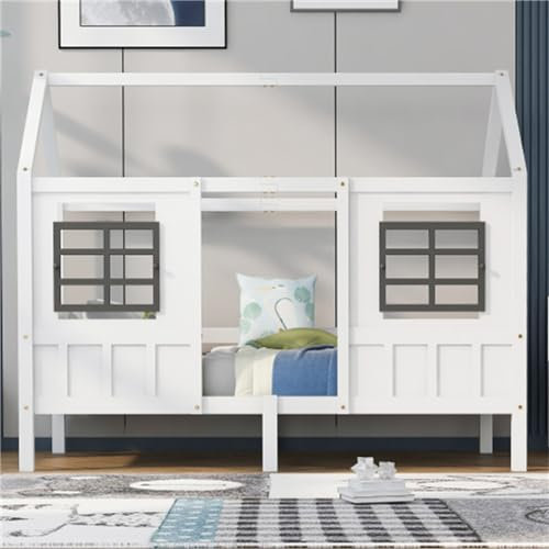 Ntxplora Hausbett Einzelbett Tagesbett Kinderbett 200x90cm mit 2 Fenstern, Kiefer/MDF, Weiß