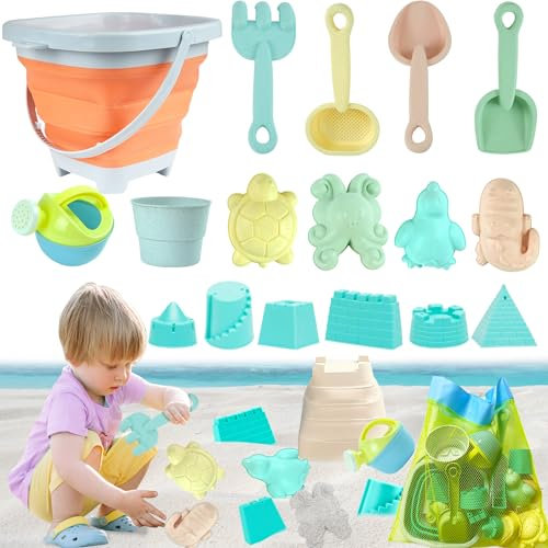 VEEKAY Juego de Juguetes de Playa,18pcs Juguetes De Playa para niños con Cubo Plegable,Juguetes de Arena,Juguete para arenero,Bolsa Juguetes Playa Malla,Moldes de Arena, para Niñas Niños