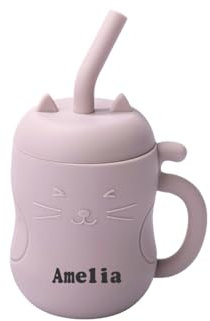 TYRY.HU Tasses avec Paille Nom Personnalisé Enfant Silicone Gobelet d'entraînement pour Bébé avec Poignée Dinky Cup et Tout-petit Tasse Apprentissage Rose Clair