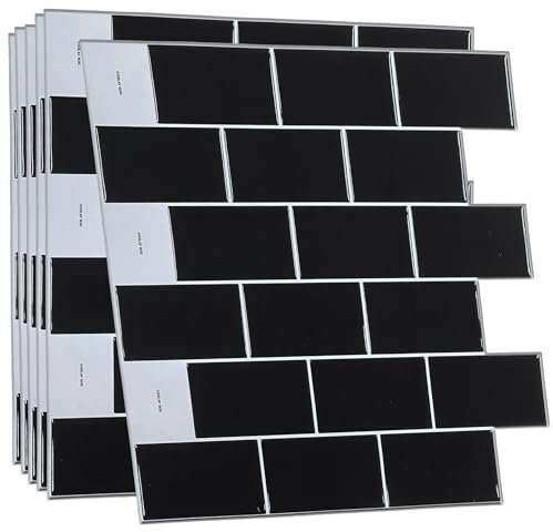 WALPLUS Lot de 6 Pièces 3D Stickers Muraux Cuisine 30.5x30.5 cm Carrelage Adhesif Mural Cuisine Peler et Coller Carreaux Adhesif Salle de Bain Amovible Noir Carreaux Adhesif Cuisine