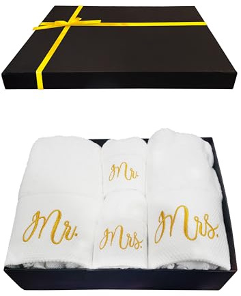 RUBBER BOND Mr and Mrs Handtücher Set mit Geschenkbox - 4er-Pack Badetücher und Handtücher für Paare - Hotel, Spa & Badezimmer Baumwollhandtücher für Paare (Goldstickerei)