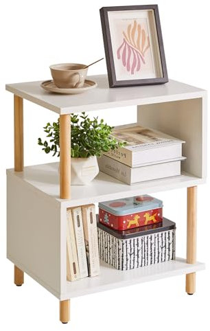 Aibiju White Side Table, Small End Table, Modern Nightstand with Storage Unit for Bedroom/Living Room/Hallway/Office,White+Natural Wood Legs,YD-TM152W