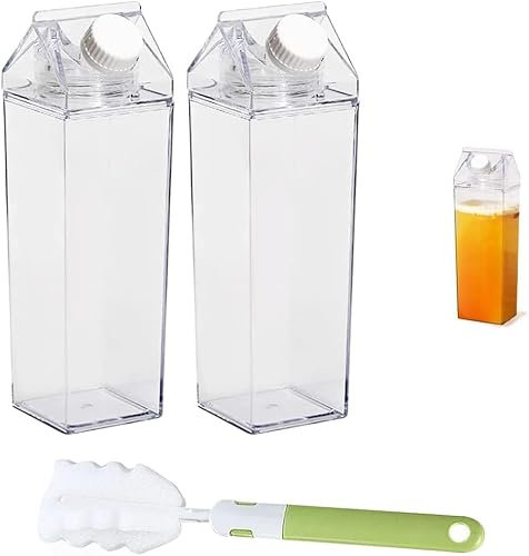2 Cajas de Leche Transparentes, Botella de Agua de Cartón, Botella de Plástico Transparente 500 ml, Reutilizable, para Agua, Zumo, Actividades - Incluye Cepillo de Esponja