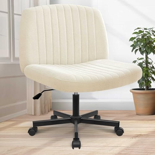Orange Factory Criss Cross Legged Armless Desk Reading Chair with Wheels Swivel Modern Ergonomic Vanity Bedroom Adjustable Wide Comfy Computer Gaming Chairs for Home Office (Beige)