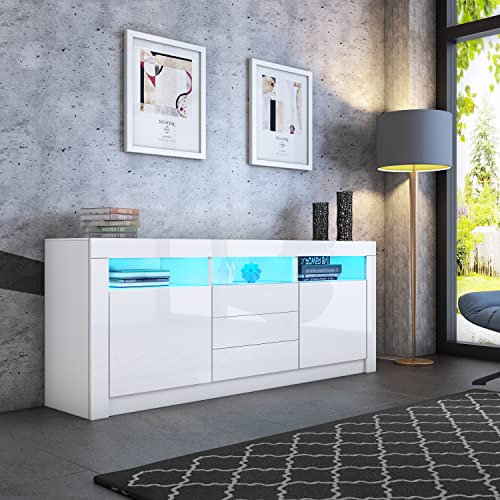 LED Sideboard Kabinett, weißer Glanz Sideboard Display Kabinett, 2 Tür, 3 Schubladen und 3 offene Regale, Moderne Schrank Aufbewahrungseinheit für Küche Wohnzimmer Esszimmer Flur 160 * 35 * 72CM
