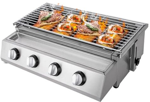 HINOPY Barbecue a gas a 4 fiamme, bruciatore in acciaio inox GPL da tavolo con rimovibile per casa e bar