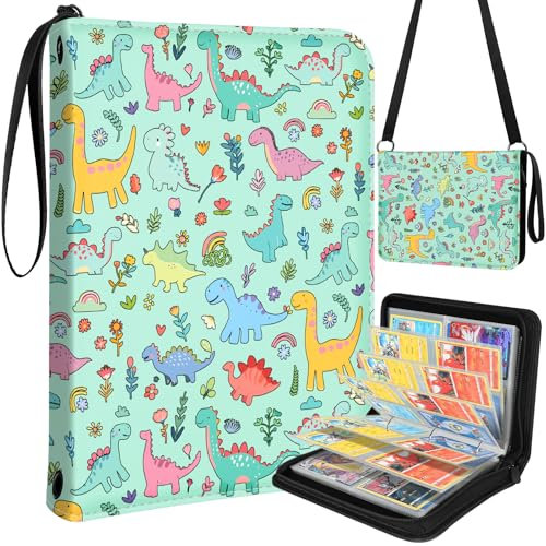 Lotadilo Kartenbinder mit 440 Taschen, Sammelkarten-Sammelalbum, Ordner für Männer, Jungen, Teenager, Cartoon-Dinosaurier-Design für Sportkarten, Spielkarten, mit Reißverschluss, Handtrageseil