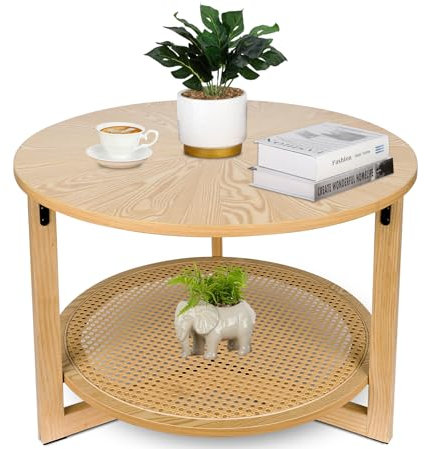 ZYBT Rattan-Couchtische für Wohnzimmer, kleiner Couchtisch für kleine Räume, runder Couchtisch mit Stauraum, hölzerner Kreis-Teetisch in der Mitte
