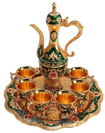 LOCADENCE Set da Caffè Vintage, Set da Tè Turco Europeo Vintage con 6 Tazze da Caffè e Vassoio da Tè Set da Teiera di Lusso per Tavolo da Pranzo, Tavolino da Caffè, Tavolo (Gold Green)