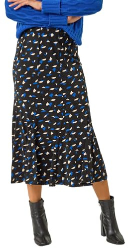 Roman Jersey Skirt for Women UK - Ladies Midi Maxi Floral Animal Print Summer Spring Holiday Swing Smart Casual Work Cocktail Party Going Out Holiday Cruise - Blue Noir - Size 14