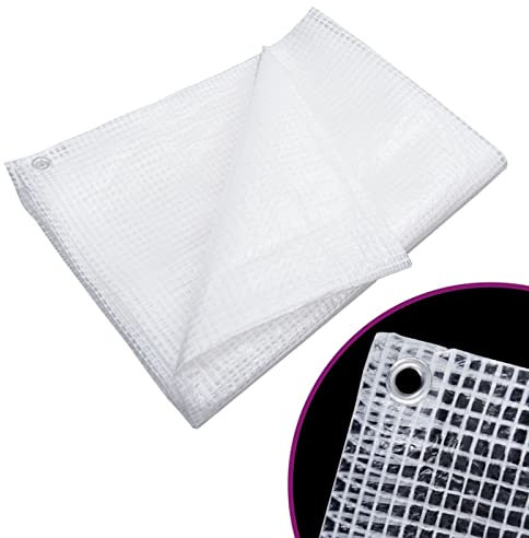 Rantry Bâche Leno 140 g/m² 4 x 4 m blanche, bâche imperméable pour extérieur, bâche de camping, anti-pluie, bâche avec housse pour lit de sol plage