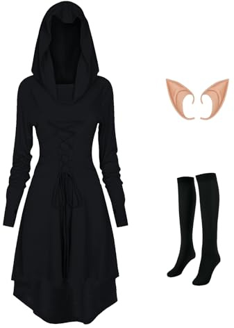 MVFEUIJ Vestido gótico para mujer, ropa medieval, vestido retro con capucha, medias y pendientes a juego, vestido renacentista para Halloween