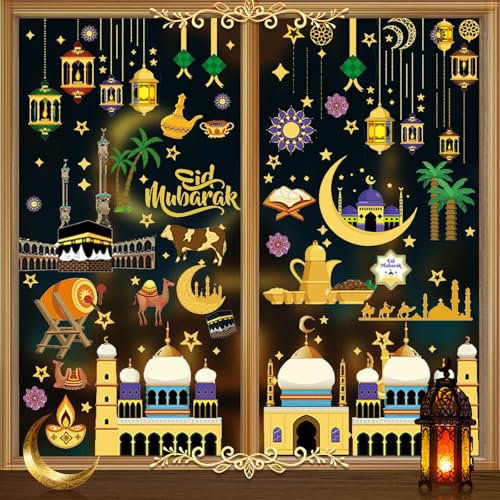 ARTGUTS 9 Stück Eid Mubarak Fensterbilder Eid Mubarak Selbstklebend Ram-adan Sticker, Stern Halbmond Muslim Fensterdeko, RamadanAufkleber, Fensterdeko für Ram-adan und Eid