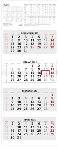 Zettler Calendario de 4 meses rojo 2026 – Calendario de pared de 34 × 88 cm con deslizador de fecha, 4 blocs de 1 mes/hoja, panel frontal de 20 cm y rodapié de 3 cm, vista anual, conteo semanal