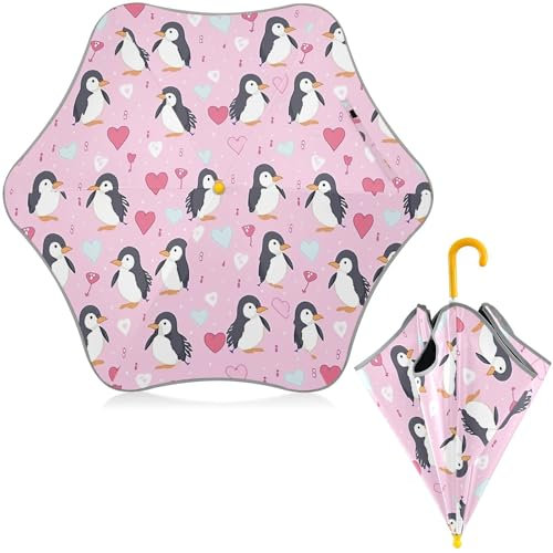 CHIFIGNO Regenschirm mit Cartoon-Pinguinen und rosa Herzen, für Mädchen und Jungen, winddicht, UV-Schutz, Regenschirm, Kleinkind-Regenschirme