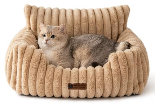MEWOOFUN Hundesofabett - Katzenbetten für Hauskatzen Weich und Flauschig, Katzensofabett Kleines Hundebett für Hunde und Katzen, Beruhigendes Hundebett (Kamel, 61x48x30cm)