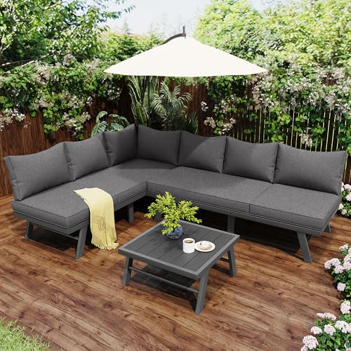 Lcoho Gartenmöbel-Set, Loungesessel-Set für 5-6 Personen, 2 3-Sitzer-Sofas, 1 Tisch, inklusive 7 grauen Kissen, dunkelgraues verzinktes Eisengestell mit Schutzfüßen