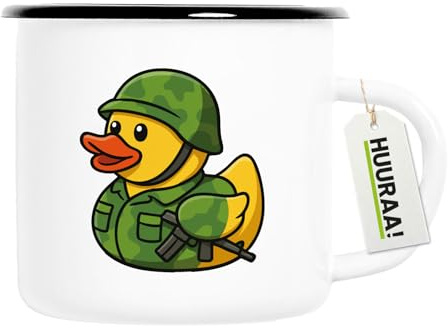 Huuraa Emaille Tasse Quietscheente Soldat Gummiente Bundeswehr Geschenk | 300ml Becher Weiß mit Schwarzem Rand Vintage Campingbecher Geschenkidee Kaffeetasse als Wohnwagen Zubehör Campingtasse
