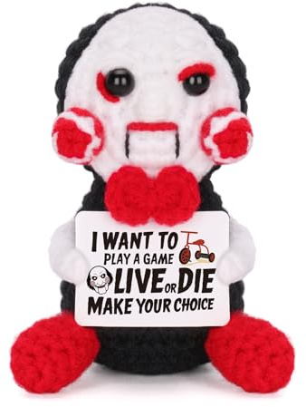 GIFTIARA Positive Halloween Doll, Cute Crochet Hockey Saw Scream Mask Dolls with Inspirational Card Cheer Up Funny Gag Gifts (Saw Mask)