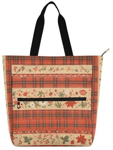 Decorative Kids Cute Tote Bags for Kids Students Adults, Merry Christmas Red Holly Plaid Large School Shoulder Bags with Zipper Pockets for School Work Travel Rainbow para guardar libros