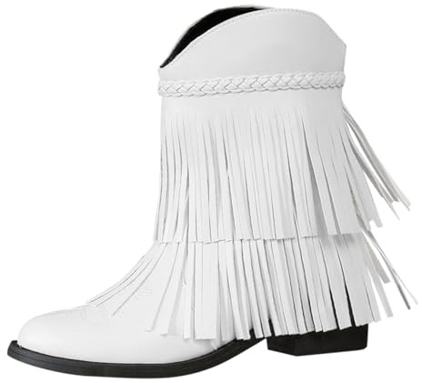 Momolaa UK Clearance Fringed Cowgirl Cowboy Ankle Boots for WOMEN Classic Pointed Toe Chunky Heel Mid Calf Ankle Boots Footwear Gift