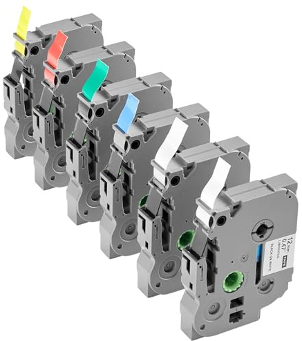 VEVOR Schriftand, 6er-Pack, 12 mm, farbig, kompatibel mit verschiedenen Typen von Brother P-Touch, PT-1230PC, PT-1280, PT-D200, PT-P400, für TZe-131 TZe-231 TZe-431 TZe-531 TZe-631 TZe-731