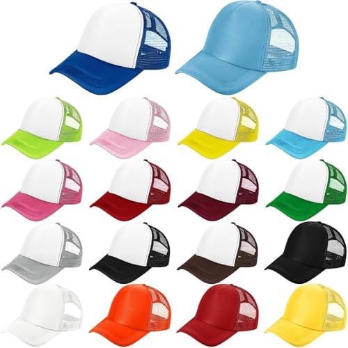 TESIN 18 Stück Sublimations Basecaps Set, Blanko Baseball Caps zum Selbstgestalten, Baseballkappen mit Netzstoff, Verstellbar Atmungsaktiv Sonnenschutz Baseballkappen für Damen und Herren