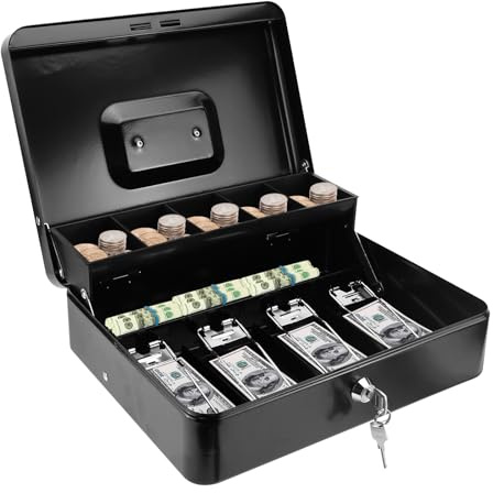 LPZMPZ Caisse à monnaie verrouillable résistante au feu et étanche | Caisse verrouillable avec 2 clés, grande caisse à monnaie portable L 30 x P 24 x H 9 cm (noir)