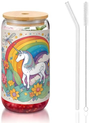 WZYCWB Taza de cristal con tapa de bambú de 16 onzas, diseño de unicornios de dibujos animados, tazas de café helado, tazas de té helado, tazas de cerveza, ideales para accesorios de cafetería