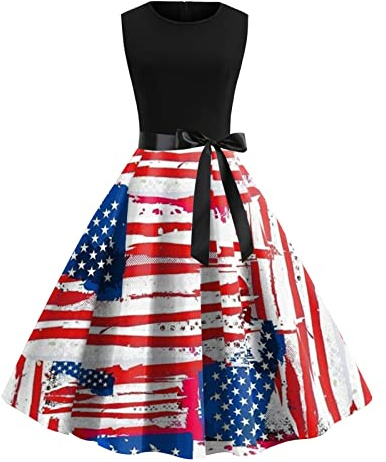 Generisch Strandkleider Für Frauen Damen Swingkleid Mit Amerika Flaggen Druck äRmellos Rundhals Sommer Cocktail Party Abschlussball Rockabilly Eleganz Party Kleider Für Frauen