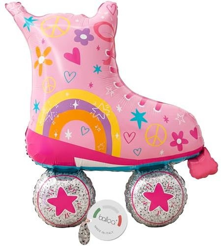 balloa Folienballon XXL Rollschuh Pink, Partydeko Geburtstag, 69 cm | Pinker Rollschuh im Retro-Stil mit Regenbogen, XXL, heliumgeeignet, ungefüllt, Deko für Kindergeburtstag und Party