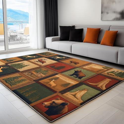 Waschbarer Teppich - Kurzflor Weicher rutschfest Teppich für Schlafzimmer Esszimmer - Teppiche Retro Waldtiere Patchwork - Wohnzimmerteppich Mehrfarbig - 160 x 230 cm