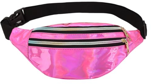 SSKHE Bunte glänzende Gürteltasche für Party, Karneval, Sport, Alltag, Metallic Hüfttasche mit verstellbarem Riemen, wasserdichte stilvolle Lasergürteltasche, 3 Fächer, new pink