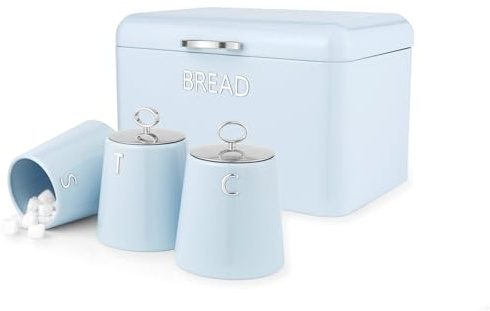 Salter Retro Blue 4-Piece Countertop Set – Includes Bread Bin, Tea, Coffee & Sugar Canister, Dry Food Storage Containers, Durable Steel, Stylish Embossed Lettering, Kitchen Organisation, Breakfast
