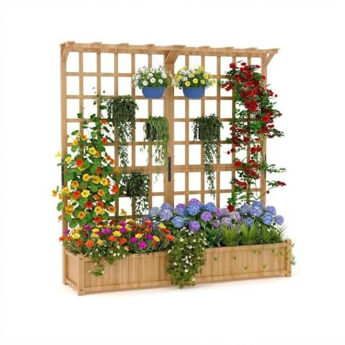 2-stufiges Holz Hochbeet mit Rankgitter & Dach, 124 x 41 x 160 cm Pflanzkasten mit Kletterhilfe & Drainagelöchern, Erhöhtes Gartenbeet für Gemüse, Blumen, Balkon & Terrasse