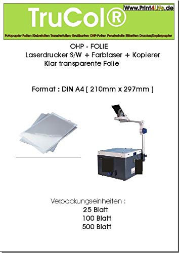 trucol 100 Blatt A4 Overheadfolie (OHP Transparentfolie Transparentpapier) für Farblaserdrucker, s/w Laserdrucker und Kopierer