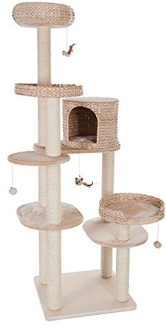 Kratzbaum Natural Home IV | ideal für große Katzenfamilien | mit Wasserhyazinthe und Bodenplatte aus Echtholz | Höhe: 192cm