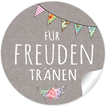 24 STICKER: Für Freudentränen Schöne Etiketten in SAND im Shabby Chic Style mit bunter Wimpel Kette im Vintage Look für Taschentuchverpackung, Gastgeschenke • Aufkleber: 4 cm, rund, matt