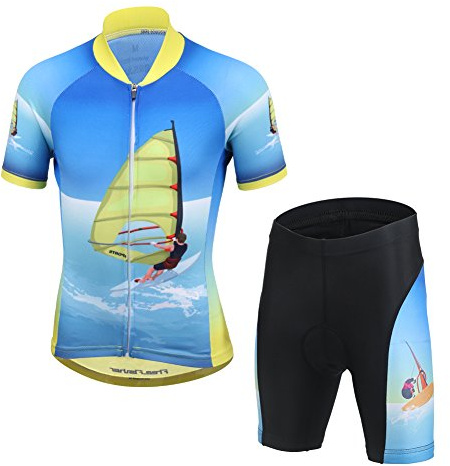 YFCH Maillots de Cyclisme + Cuissard Garçon Fille 2 Pièces Enfant Jersey Manche Courte Tenue de Vélo VTT Été, Bleu-Jaune, 7-8 Ans
