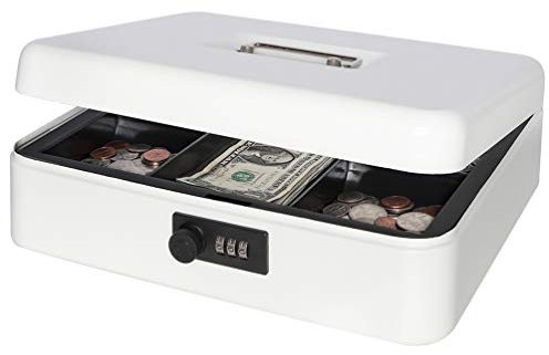 Decaller Caisse à monnaie en métal avec serrure à combinaison, grande tirelire de rangement avec plateau, blanc, 29 x 24 x 8,9 cm, QH3001L