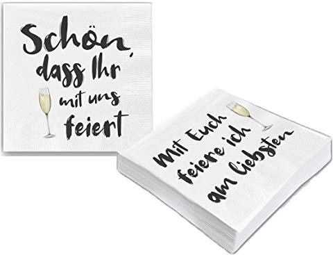 Bada Bing 2er Set mit 40 Stück Servietten Spruch Weiß Edel Papierservietten Mit Euch feier ich am liebsten Schön, dass Ihr mit uns feiert Partyservietten Geburtstag Jubiläum Hochzeit Sekt 80